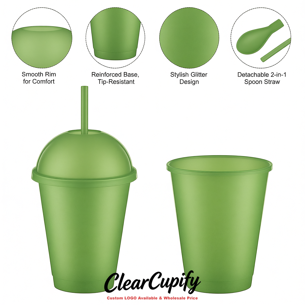Sage Green 16 oz Plastic Slushie Cups with Dome Lid & Detachable Spoon Straws for Milkshake, Boba, Smoothies, Iced Coffee