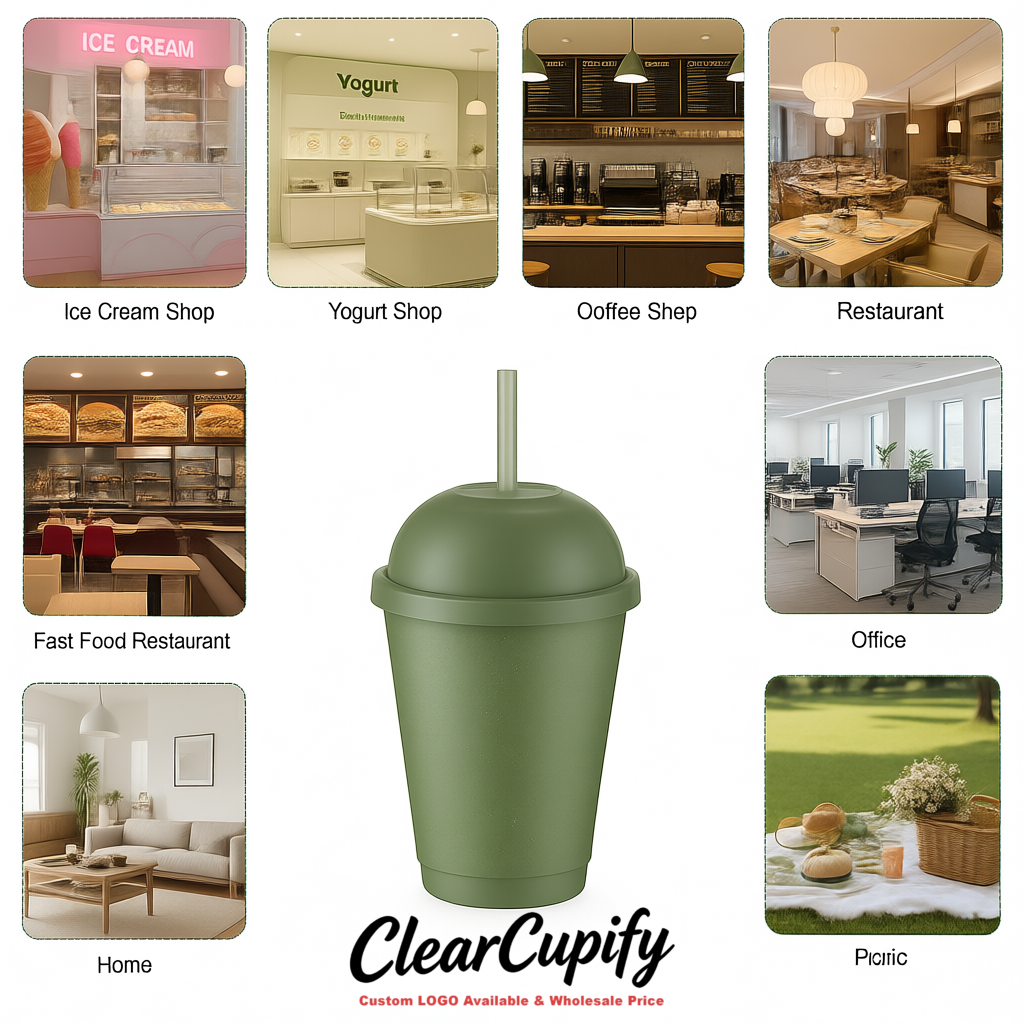 Sage Green 16 oz Plastic Slushie Cups with Dome Lid & Detachable Spoon Straws for Milkshake, Boba, Smoothies, Iced Coffee