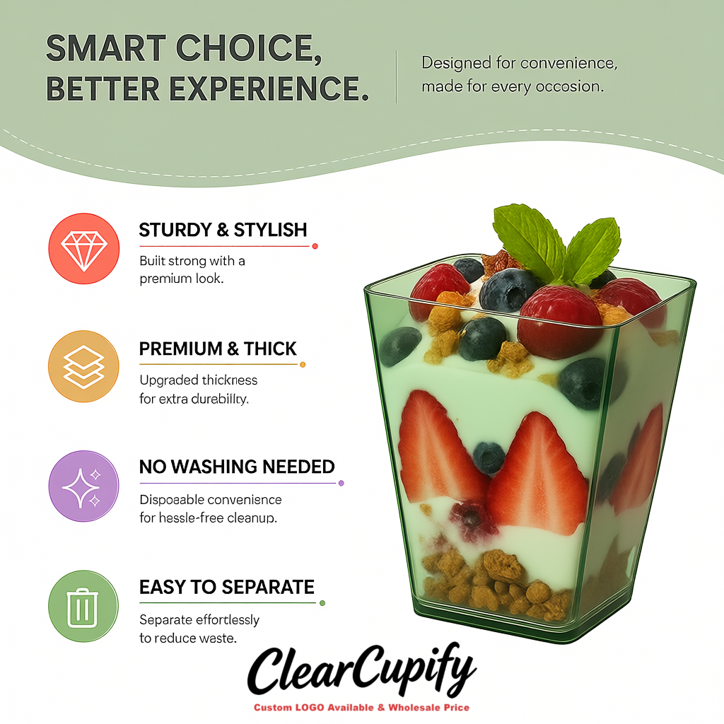 Wholesale Sage Green 5 oz Square Clear Plastic Dessert Cups with Spoons for Appetizers, Puddings, Mousse, Parfait