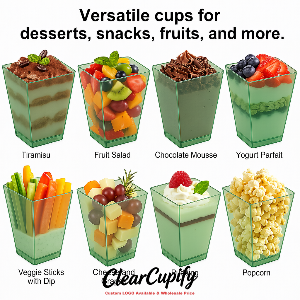 Wholesale Sage Green 5 oz Square Clear Plastic Dessert Cups with Spoons for Appetizers, Puddings, Mousse, Parfait