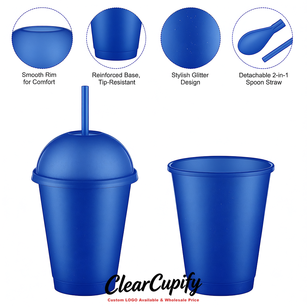 Sapphire 16 oz Plastic Slushie Cups with Dome Lid & Detachable Spoon Straws for Milkshake, Boba, Smoothies, Iced Coffee