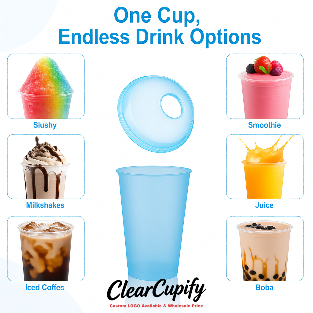 Sapphire 16 oz Plastic Slushie Cups with Dome Lid & Detachable Spoon Straws for Milkshake, Boba, Smoothies, Iced Coffee