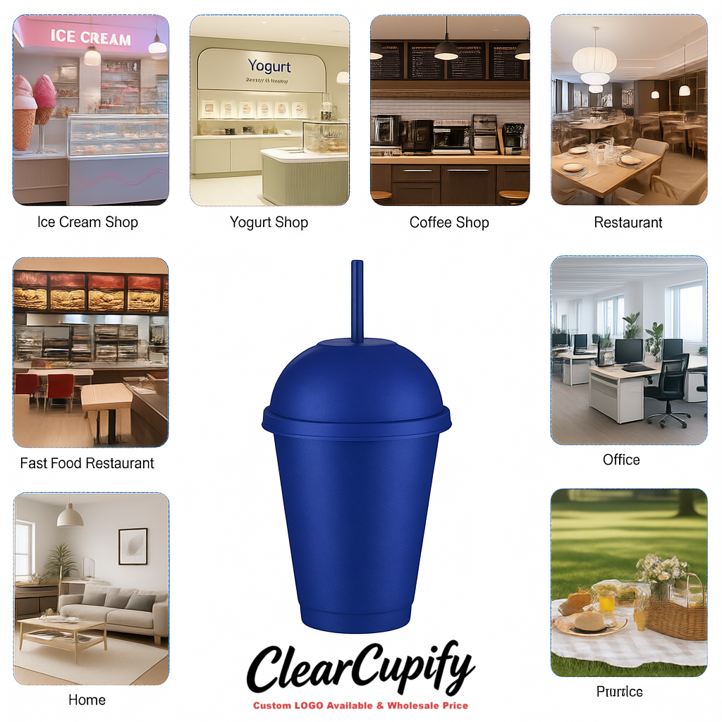 Sapphire 16 oz Plastic Slushie Cups with Dome Lid & Detachable Spoon Straws for Milkshake, Boba, Smoothies, Iced Coffee