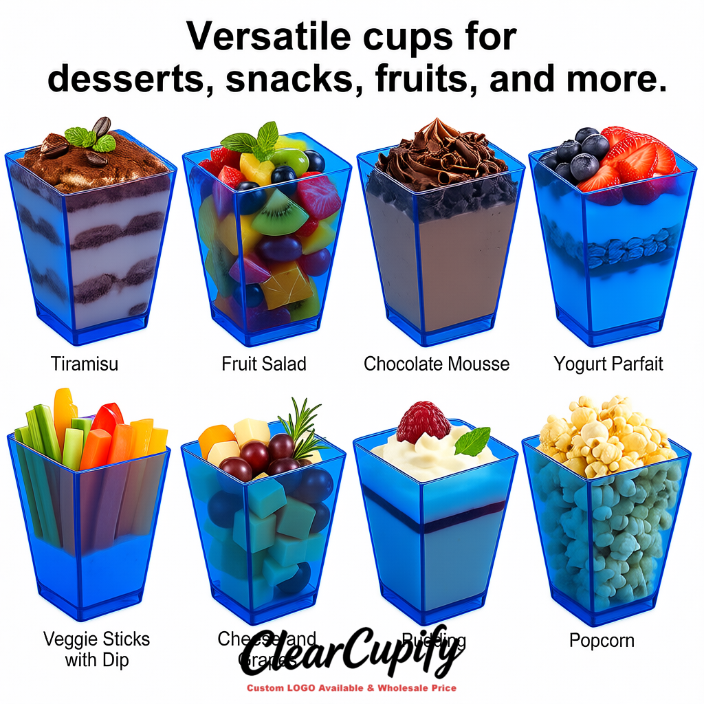 Wholesale Sapphire 5 oz Square Clear Plastic Dessert Cups with Spoons for Appetizers, Puddings, Mousse, Parfait