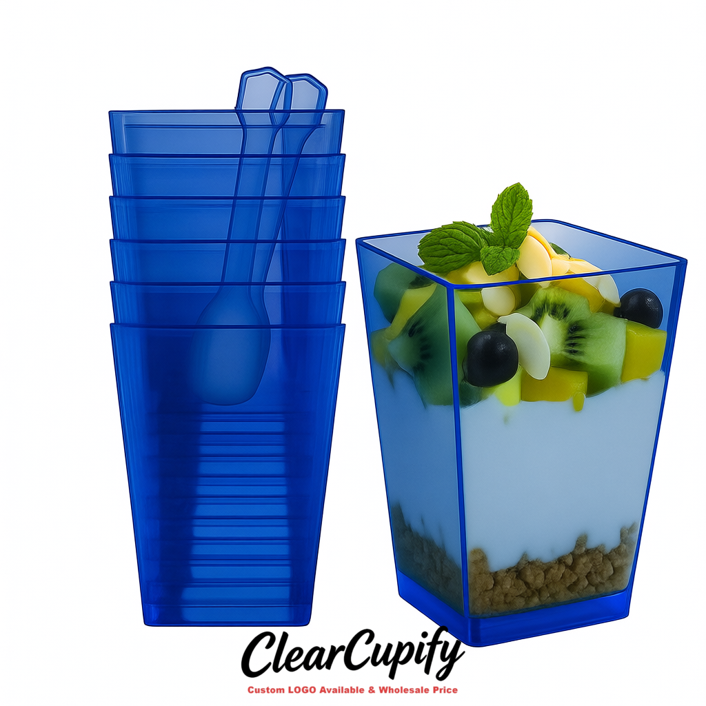 Wholesale Sapphire 5 oz Square Clear Plastic Dessert Cups with Spoons for Appetizers, Puddings, Mousse, Parfait