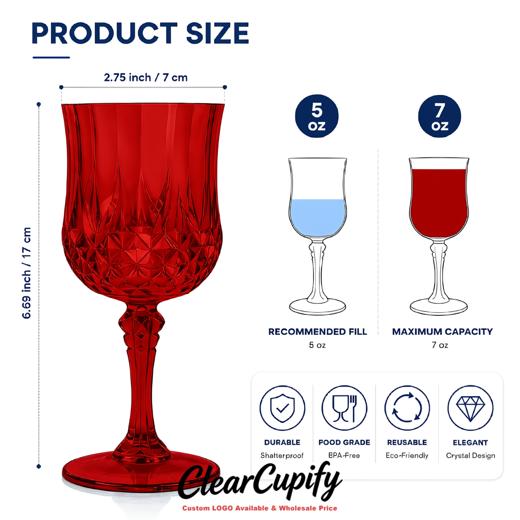 Scarlet 7oz Acrylic Plastic Wine Goblets - 2.7 x 6.7 inches Party & Wedding Wine Glasses
