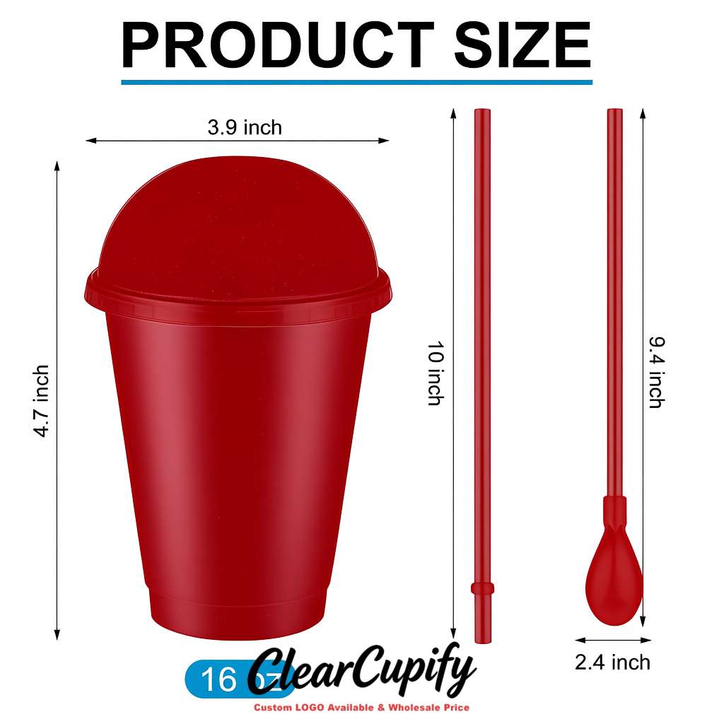 Scarlet 16 oz Plastic Slushie Cups with Dome Lid & Detachable Spoon Straws for Milkshake, Boba, Smoothies, Iced Coffee