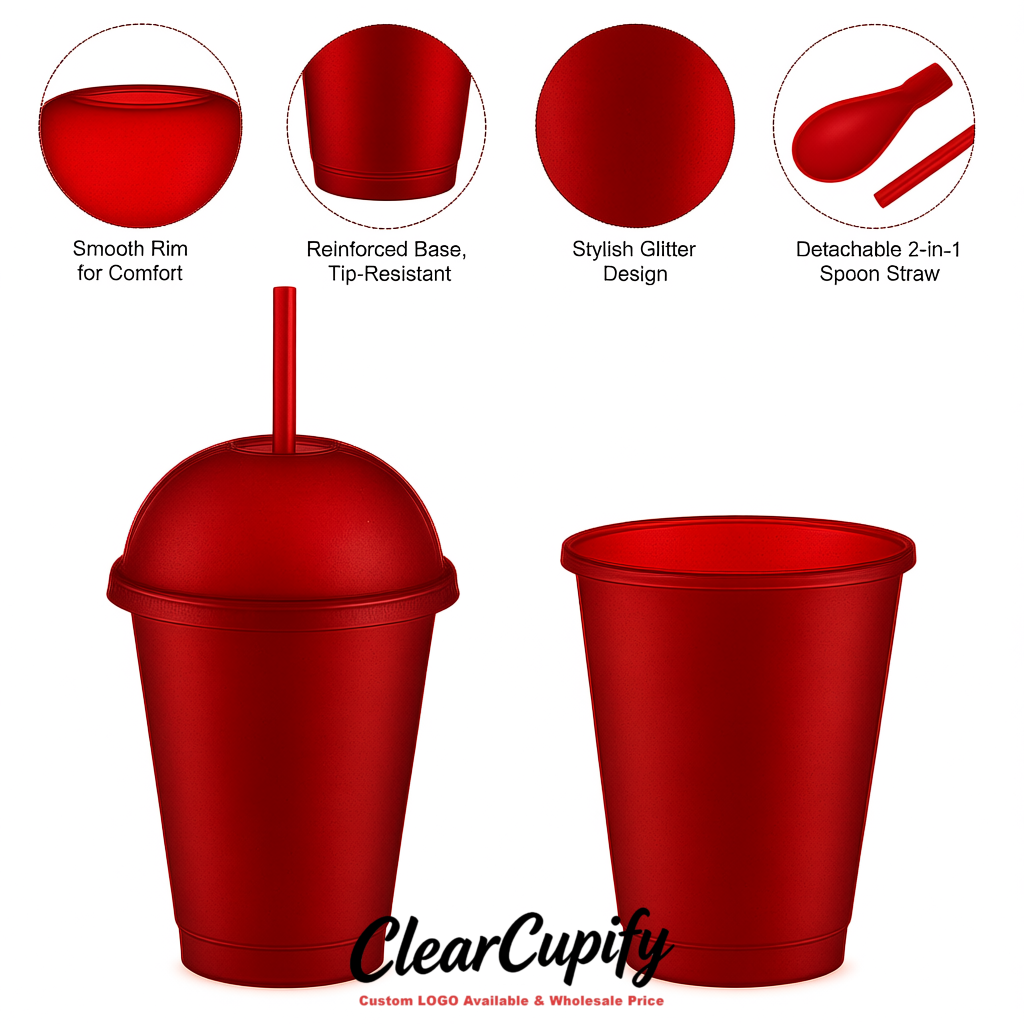 Scarlet 16 oz Plastic Slushie Cups with Dome Lid & Detachable Spoon Straws for Milkshake, Boba, Smoothies, Iced Coffee