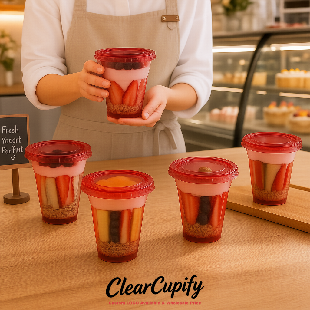 Scarlet 12 oz Disposable Plastic Parfait Cups with Insert & Flat lids 3.85 x 2.1 x 4 inches