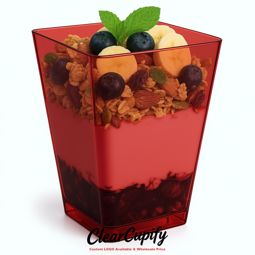 Wholesale Scarlet 5 oz Square Clear Plastic Dessert Cups with Spoons for Appetizers, Puddings, Mousse, Parfait
