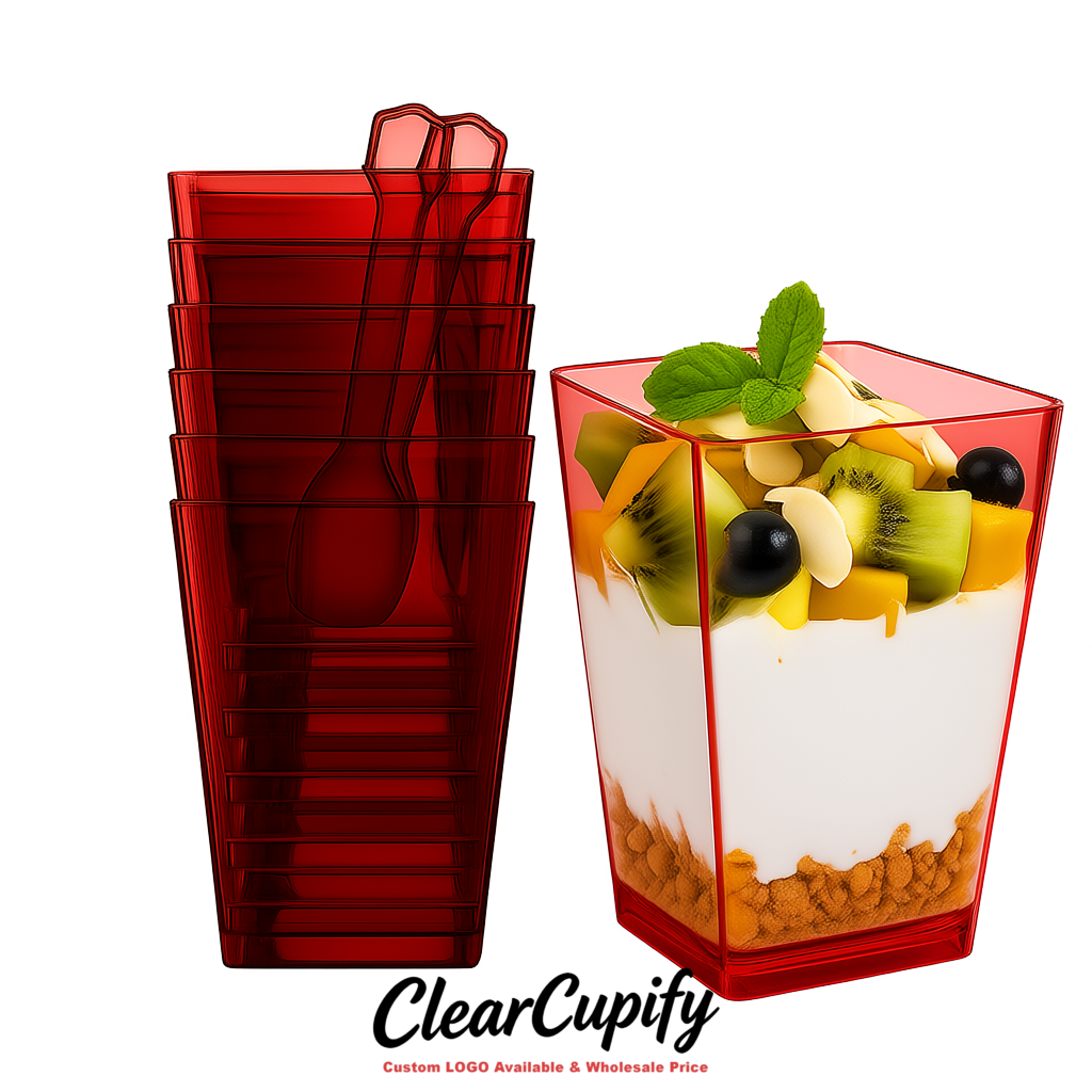 Wholesale Scarlet 5 oz Square Clear Plastic Dessert Cups with Spoons for Appetizers, Puddings, Mousse, Parfait Wholesale Scarlet 5 oz Square Clear Plastic Dessert Cups with Spoons for Appetizers, Puddings, Mousse, Parfait