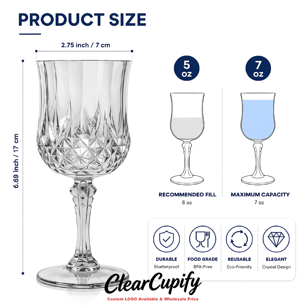Silver 7oz Acrylic Plastic Wine Goblets - 2.7 x 6.7 inches Party & Wedding Wine Glasses