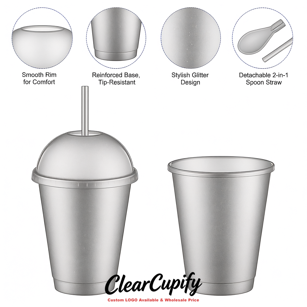 Silver 16 oz Plastic Slushie Cups with Dome Lid & Detachable Spoon Straws for Milkshake, Boba, Smoothies, Iced Coffee