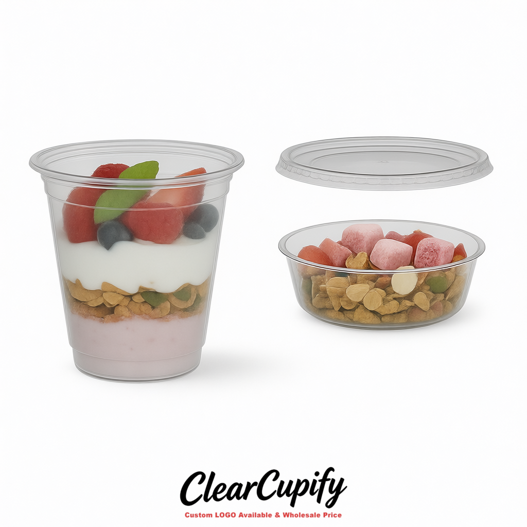 Silver 12 oz Disposable Plastic Parfait Cups with Insert & Flat lids 3.85 x 2.1 x 4 inches