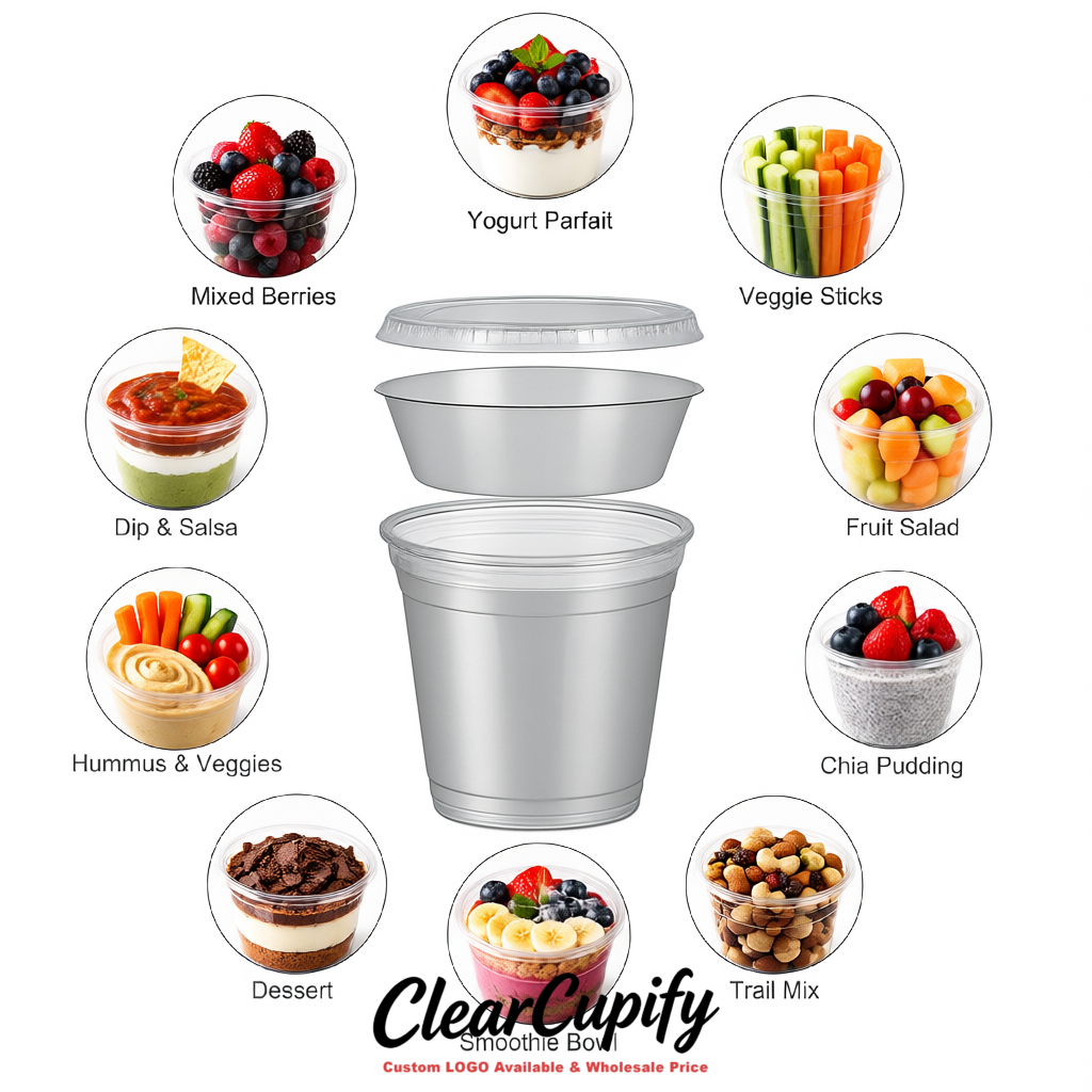 Silver 12 oz Disposable Plastic Parfait Cups with Insert & Flat lids 3.85 x 2.1 x 4 inches