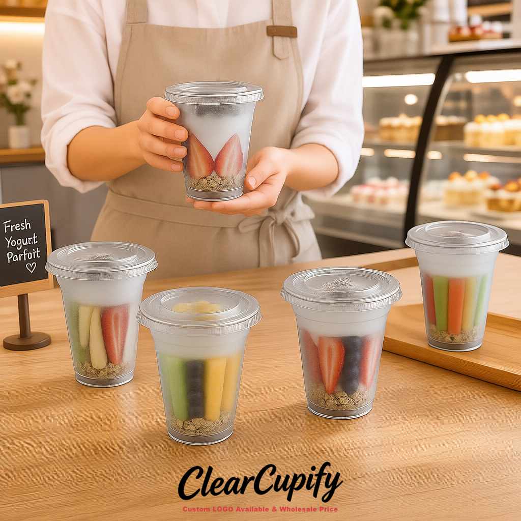 Silver 12 oz Disposable Plastic Parfait Cups with Insert & Flat lids 3.85 x 2.1 x 4 inches