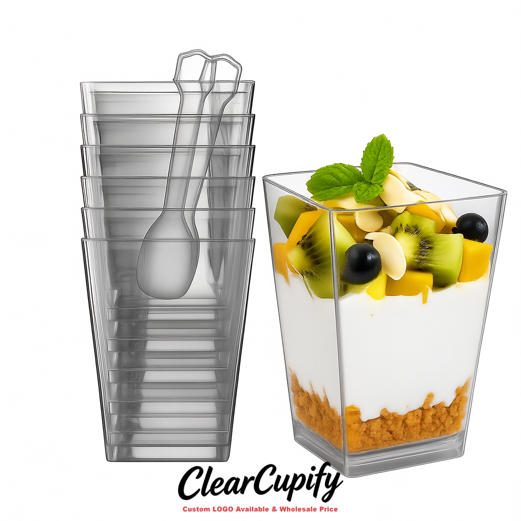 Wholesale Silver 5 oz Square Clear Plastic Dessert Cups with Spoons for Appetizers, Puddings, Mousse, Parfait
