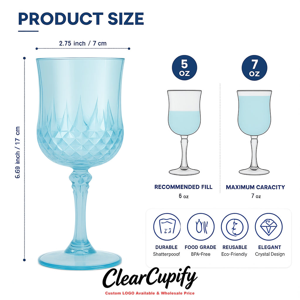 Sky Blue 7oz Acrylic Plastic Wine Goblets - 2.7 x 6.7 inches Party & Wedding Wine Glasses