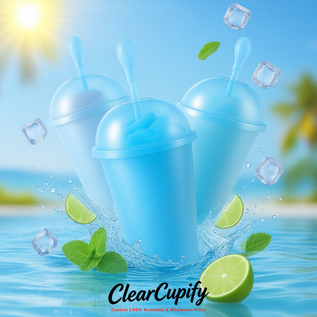 Sky Blue 16 oz Plastic Slushie Cups with Dome Lid & Detachable Spoon Straws for Milkshake, Boba, Smoothies, Iced Coffee