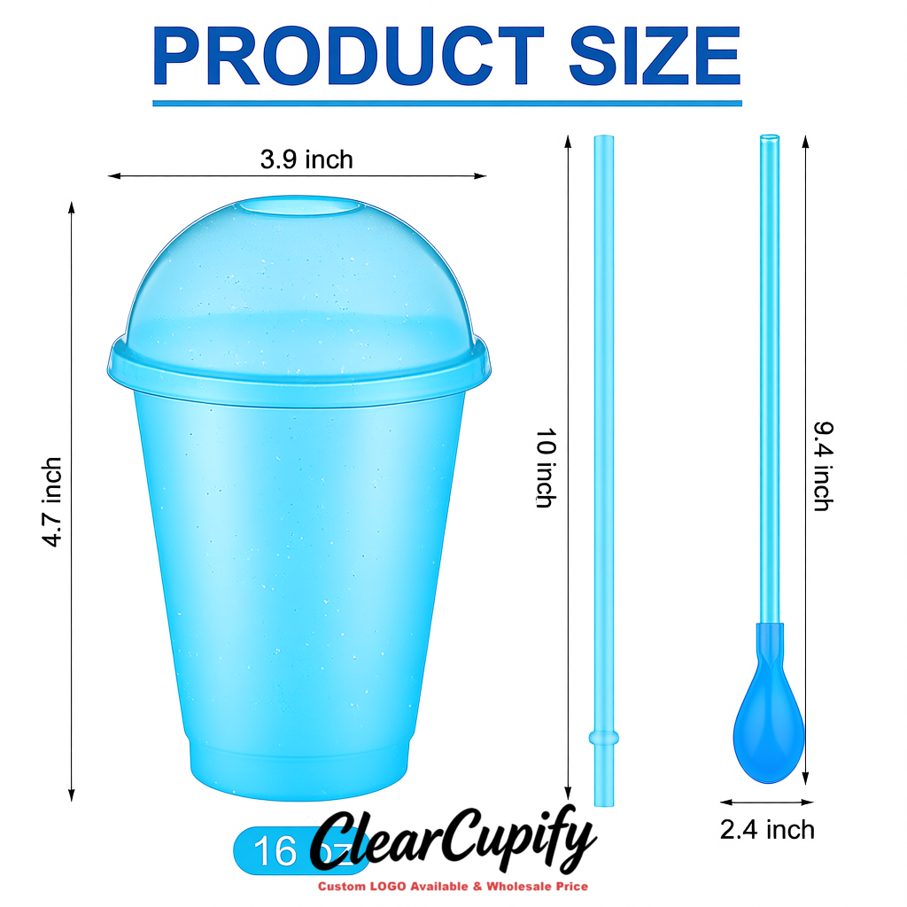 Sky Blue 16 oz Plastic Slushie Cups with Dome Lid & Detachable Spoon Straws for Milkshake, Boba, Smoothies, Iced Coffee
