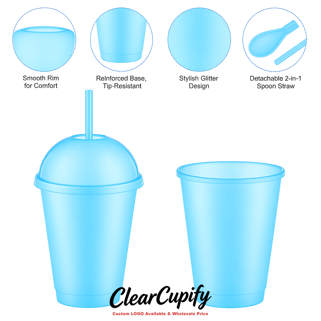 Sky Blue 16 oz Plastic Slushie Cups with Dome Lid & Detachable Spoon Straws for Milkshake, Boba, Smoothies, Iced Coffee