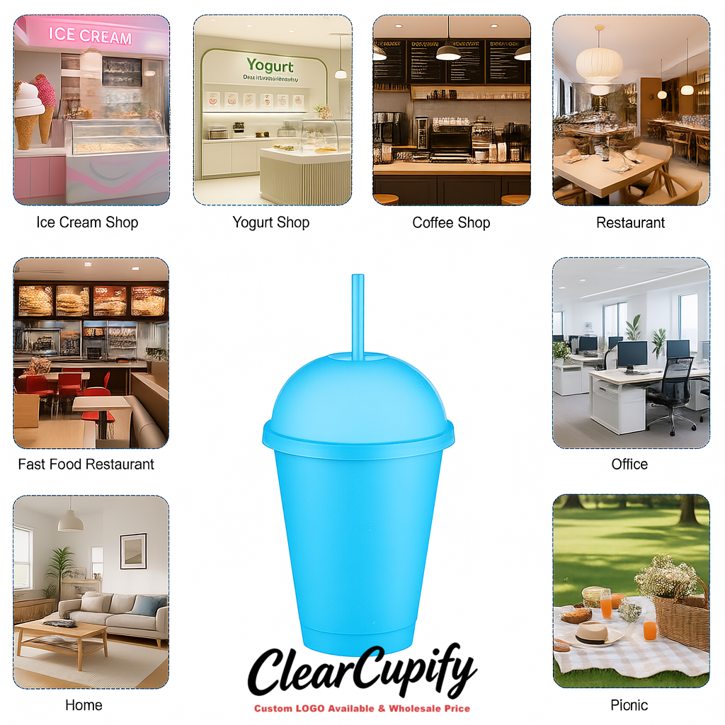 Sky Blue 16 oz Plastic Slushie Cups with Dome Lid & Detachable Spoon Straws for Milkshake, Boba, Smoothies, Iced Coffee