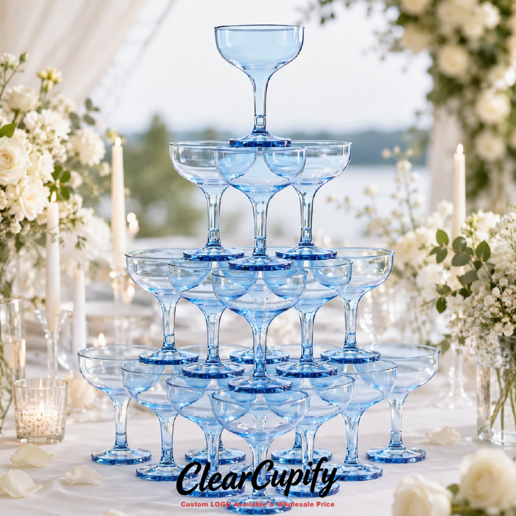 Sky Blue 5oz Stackable Plastic Martini Glasses 4.13x3.14 inches/10.5x8 cm For Champagne Tower