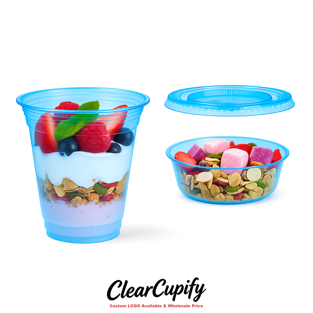 Sky Blue 12 oz Disposable Plastic Parfait Cups with Insert & Flat lids 3.85 x 2.1 x 4 inches