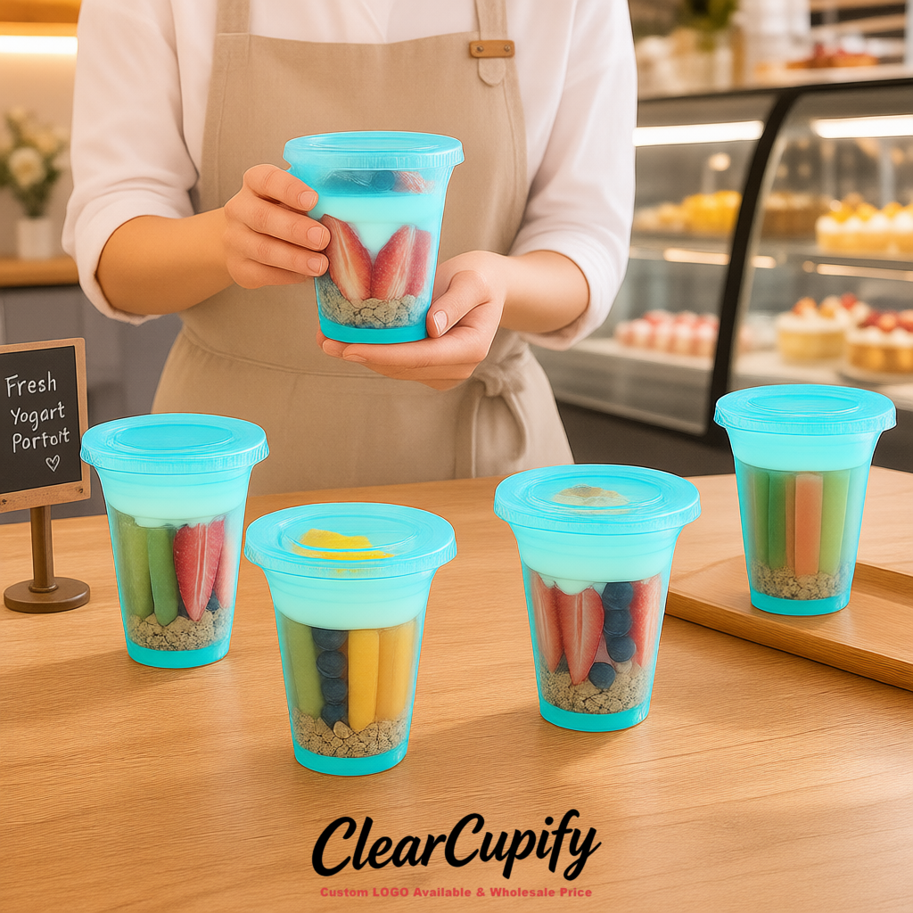 Sky Blue 12 oz Disposable Plastic Parfait Cups with Insert & Flat lids 3.85 x 2.1 x 4 inches Sky Blue 12 oz Disposable Plastic Parfait Cups with Insert & Flat lids 3.85 x 2.1 x 4 inches