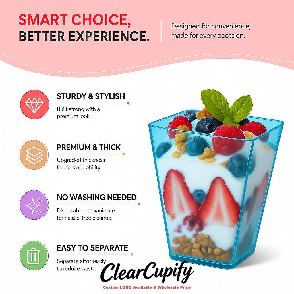 Wholesale Sky Blue 5 oz Square Clear Plastic Dessert Cups with Spoons for Appetizers, Puddings, Mousse, Parfait