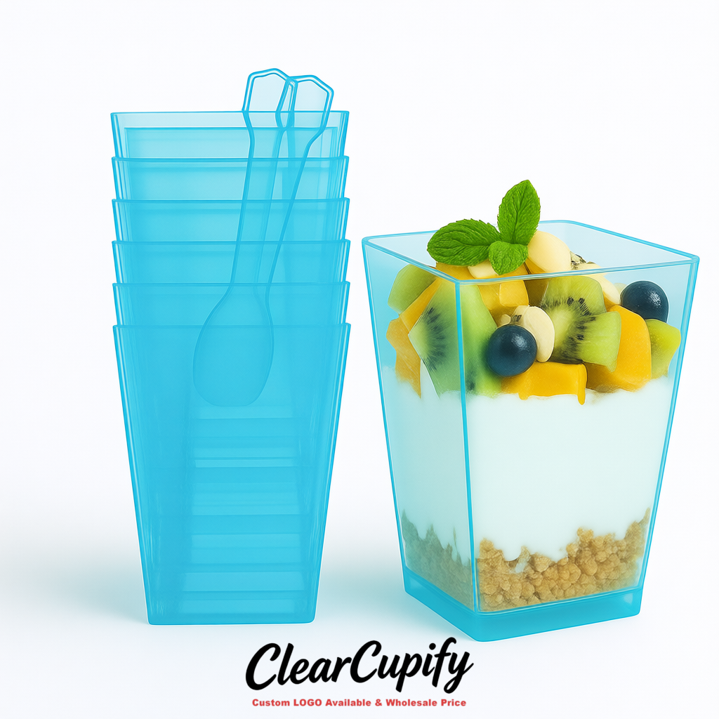 Wholesale Sky Blue 5 oz Square Clear Plastic Dessert Cups with Spoons for Appetizers, Puddings, Mousse, Parfait