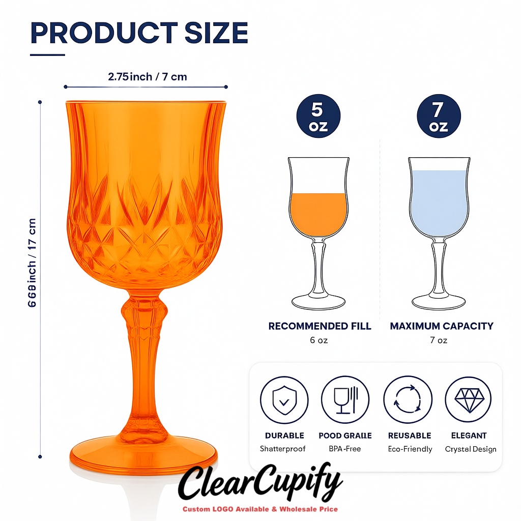 Tangerine 7oz Acrylic Plastic Wine Goblets - 2.7 x 6.7 inches Party & Wedding Wine Glasses