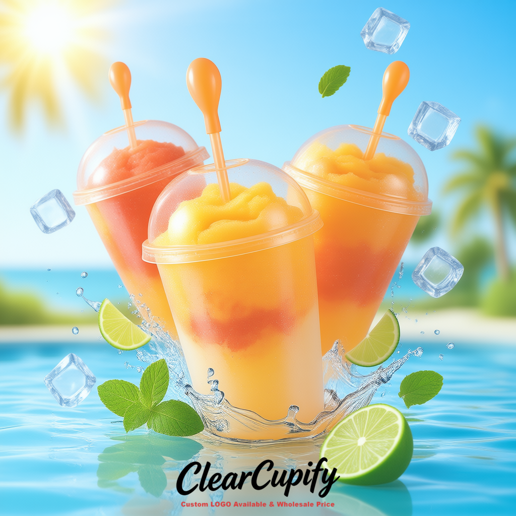 Tangerine 16 oz Plastic Slushie Cups with Dome Lid & Detachable Spoon Straws for Milkshake, Boba, Smoothies, Iced Coffee