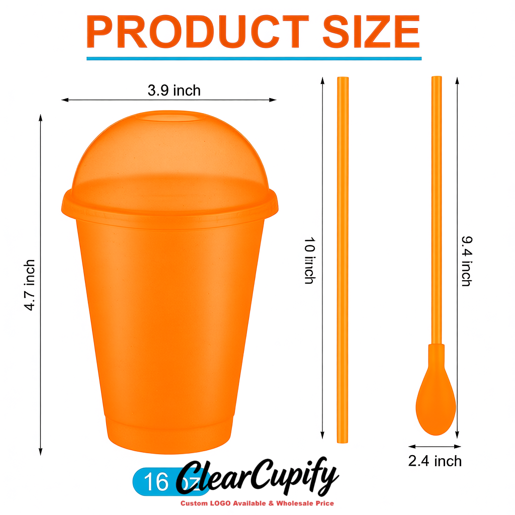 Tangerine 16 oz Plastic Slushie Cups with Dome Lid & Detachable Spoon Straws for Milkshake, Boba, Smoothies, Iced Coffee