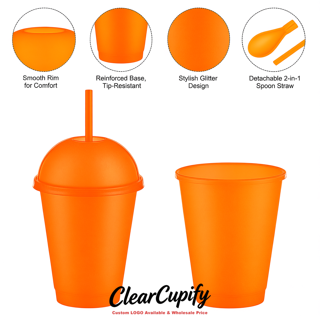 Tangerine 16 oz Plastic Slushie Cups with Dome Lid & Detachable Spoon Straws for Milkshake, Boba, Smoothies, Iced Coffee