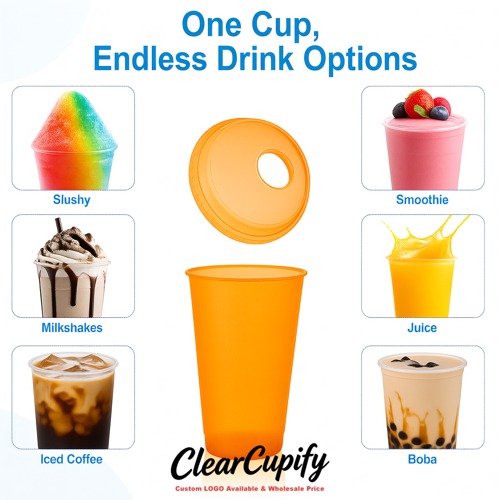 Tangerine 16 oz Plastic Slushie Cups with Dome Lid & Detachable Spoon Straws for Milkshake, Boba, Smoothies, Iced Coffee