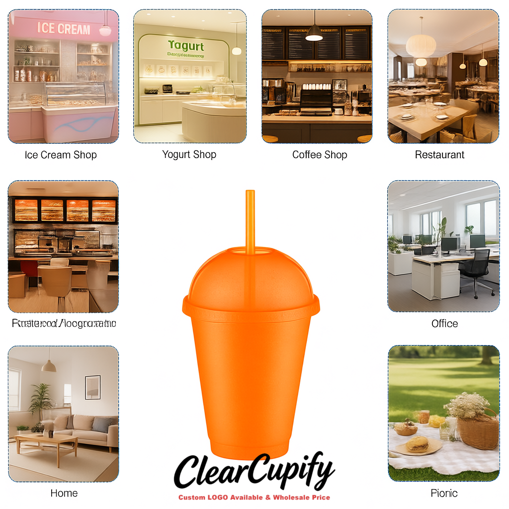 Tangerine 16 oz Plastic Slushie Cups with Dome Lid & Detachable Spoon Straws for Milkshake, Boba, Smoothies, Iced Coffee