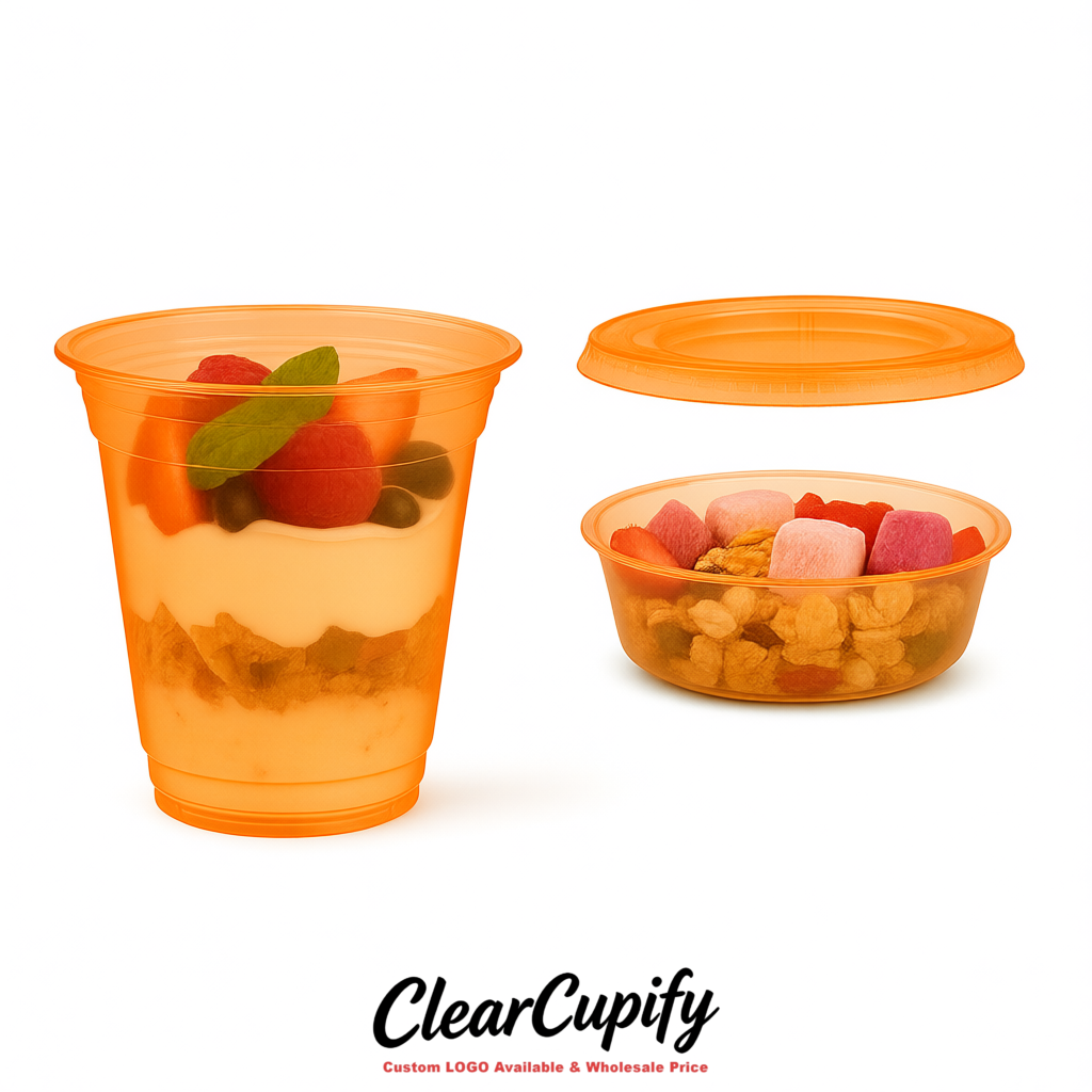 Tangerine 12 oz Disposable Plastic Parfait Cups with Insert & Flat lids 3.85 x 2.1 x 4 inches