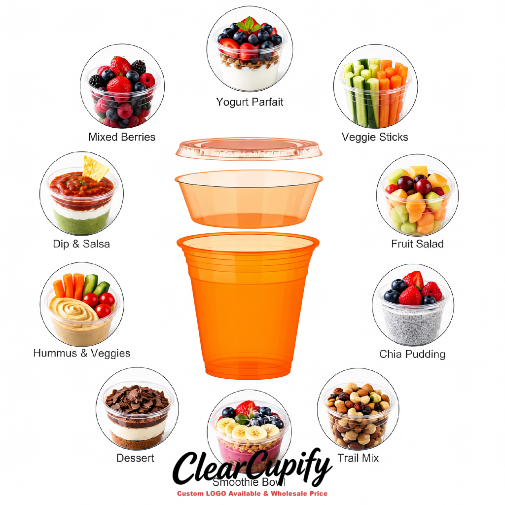 Tangerine 12 oz Disposable Plastic Parfait Cups with Insert & Flat lids 3.85 x 2.1 x 4 inches