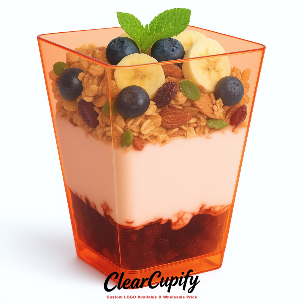 Wholesale Tangerine 5 oz Square Clear Plastic Dessert Cups with Spoons for Appetizers, Puddings, Mousse, Parfait