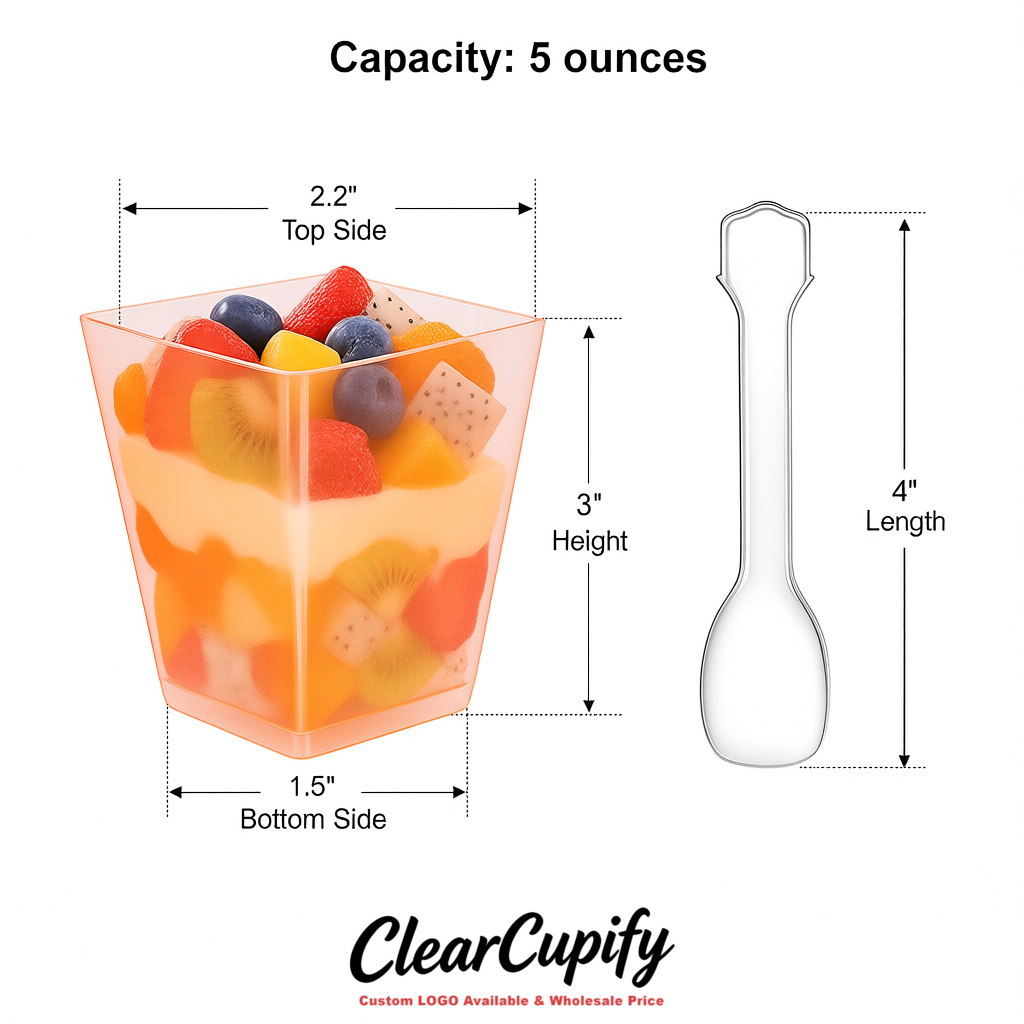Wholesale Tangerine 5 oz Square Clear Plastic Dessert Cups with Spoons for Appetizers, Puddings, Mousse, Parfait