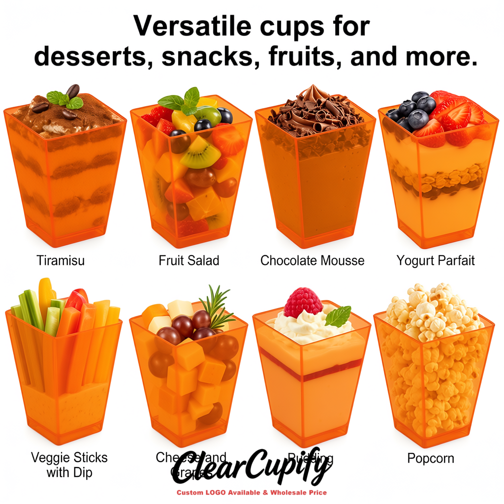 Wholesale Tangerine 5 oz Square Clear Plastic Dessert Cups with Spoons for Appetizers, Puddings, Mousse, Parfait