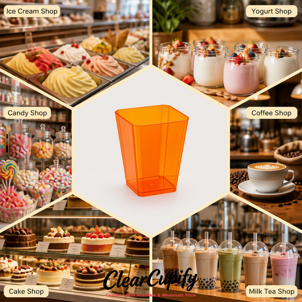 Wholesale Tangerine 5 oz Square Clear Plastic Dessert Cups with Spoons for Appetizers, Puddings, Mousse, Parfait