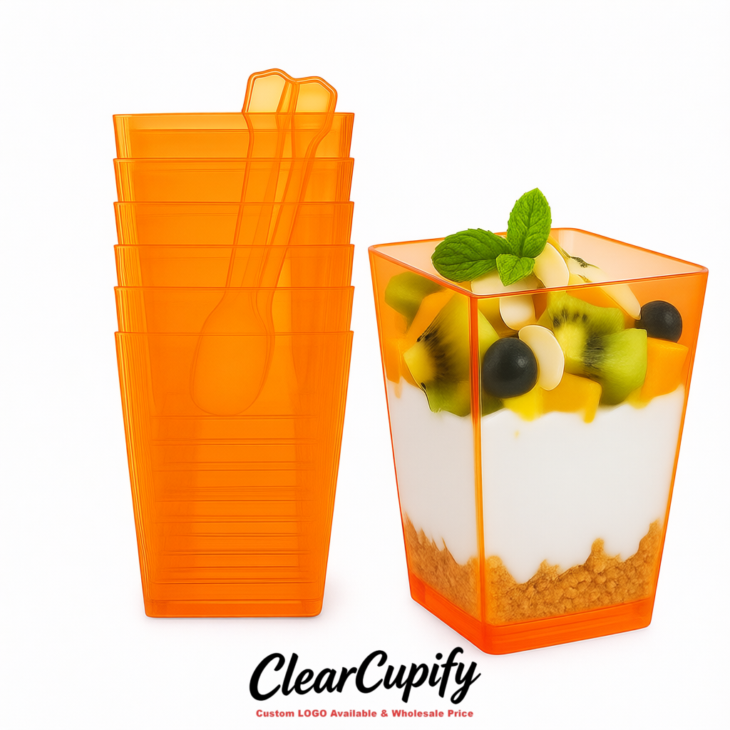Wholesale Tangerine 5 oz Square Clear Plastic Dessert Cups with Spoons for Appetizers, Puddings, Mousse, Parfait