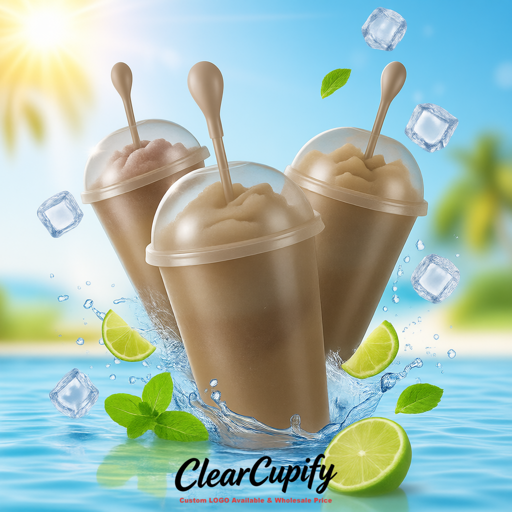 Taupe 16 oz Plastic Slushie Cups with Dome Lid & Detachable Spoon Straws for Milkshake, Boba, Smoothies, Iced Coffee