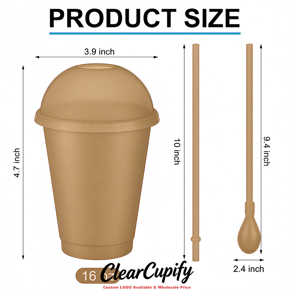 Taupe 16 oz Plastic Slushie Cups with Dome Lid & Detachable Spoon Straws for Milkshake, Boba, Smoothies, Iced Coffee