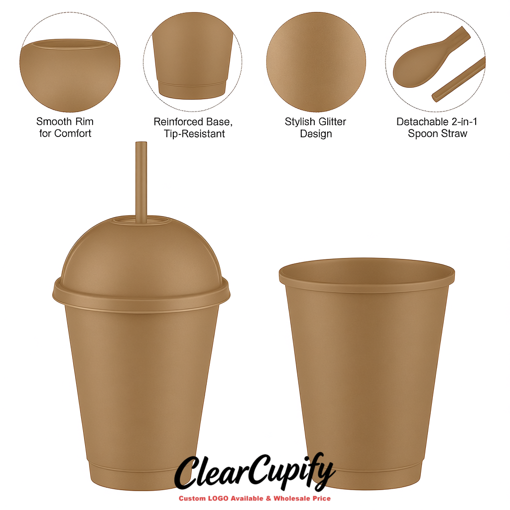 Taupe 16 oz Plastic Slushie Cups with Dome Lid & Detachable Spoon Straws for Milkshake, Boba, Smoothies, Iced Coffee