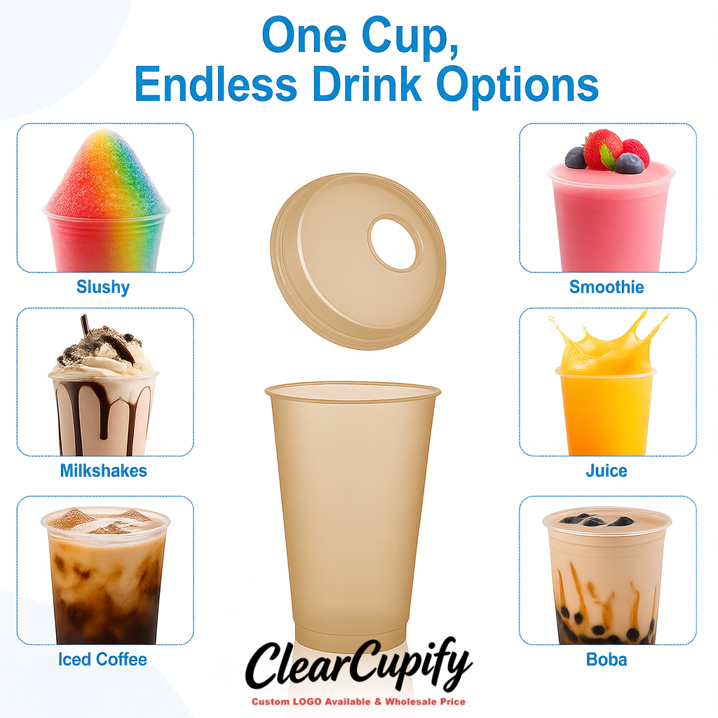 Taupe 16 oz Plastic Slushie Cups with Dome Lid & Detachable Spoon Straws for Milkshake, Boba, Smoothies, Iced Coffee