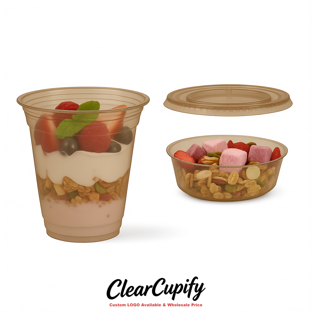 Taupe 12 oz Disposable Plastic Parfait Cups with Insert & Flat lids 3.85 x 2.1 x 4 inches