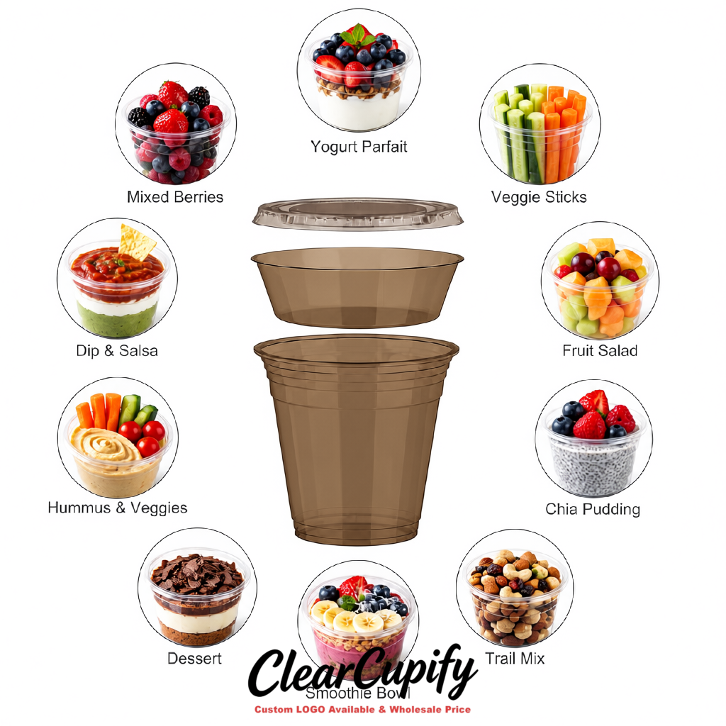 Taupe 12 oz Disposable Plastic Parfait Cups with Insert & Flat lids 3.85 x 2.1 x 4 inches